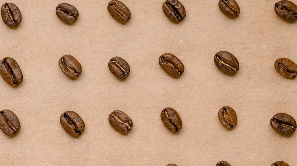 Close-up of roasted whole-bean coffee for office espresso service.