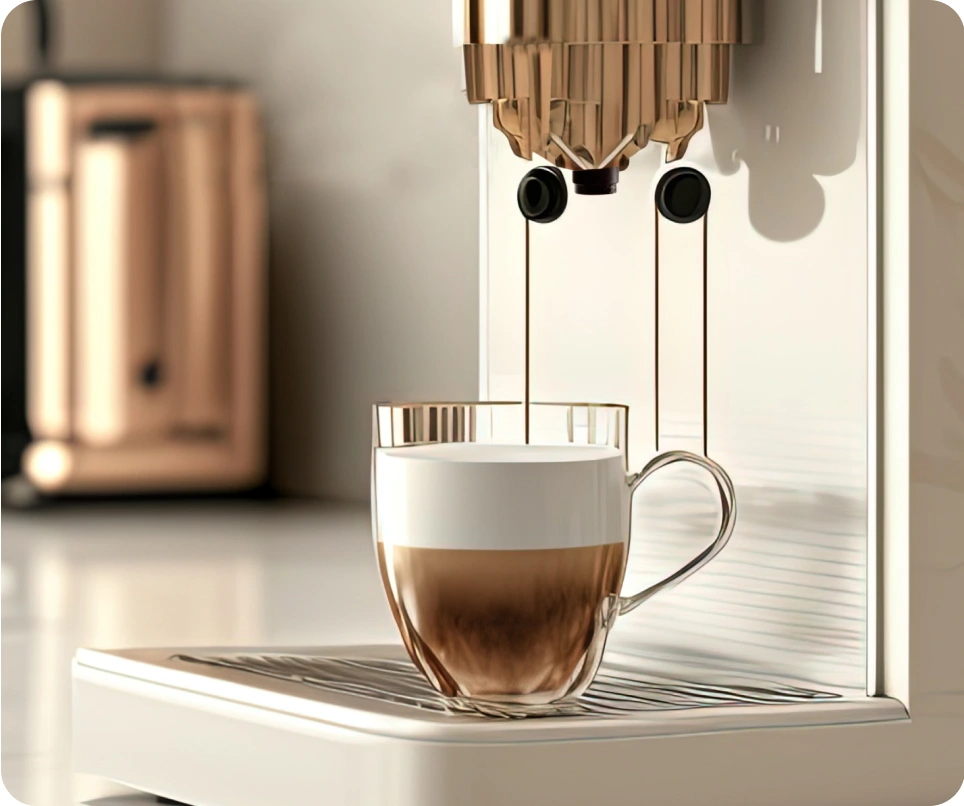 A glass coffee cup full of coffee and milk sits under a cutting-edge coffee machine.