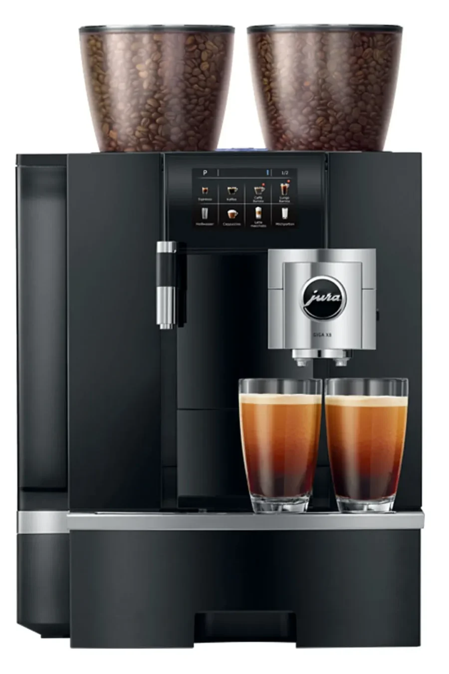 JURA Giga X8 bean-to-cup coffee machine pouring two drinks in an office break room